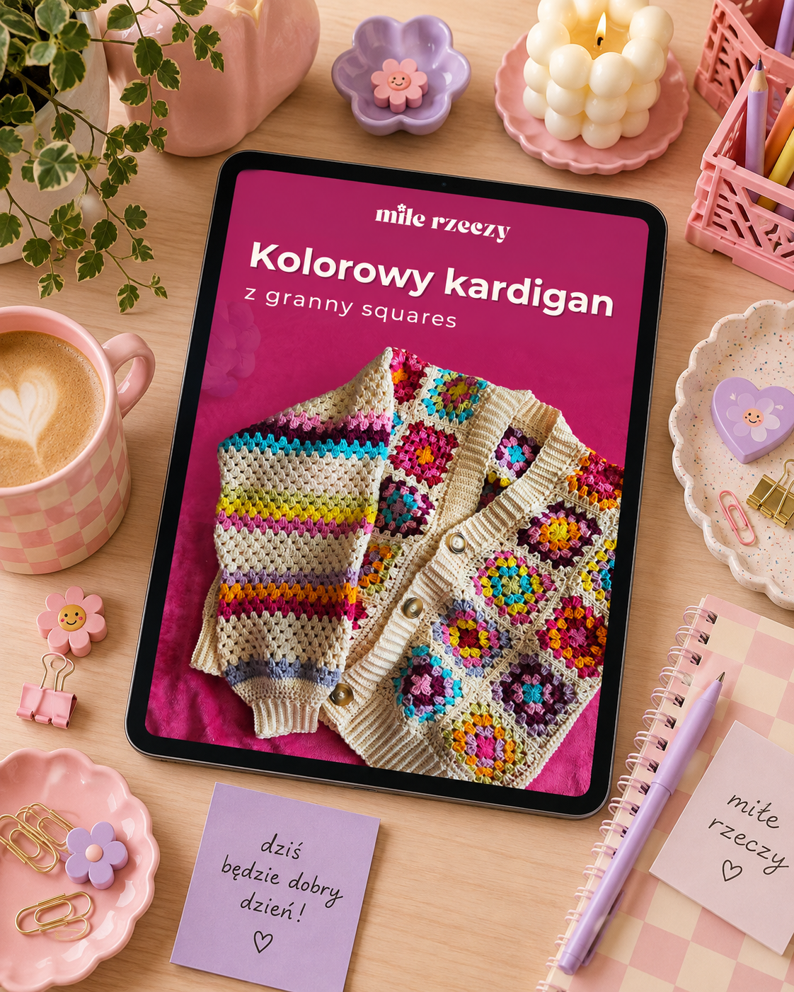 Tablet z okładką wzoru „Kolorowy kardigan z granny squares”