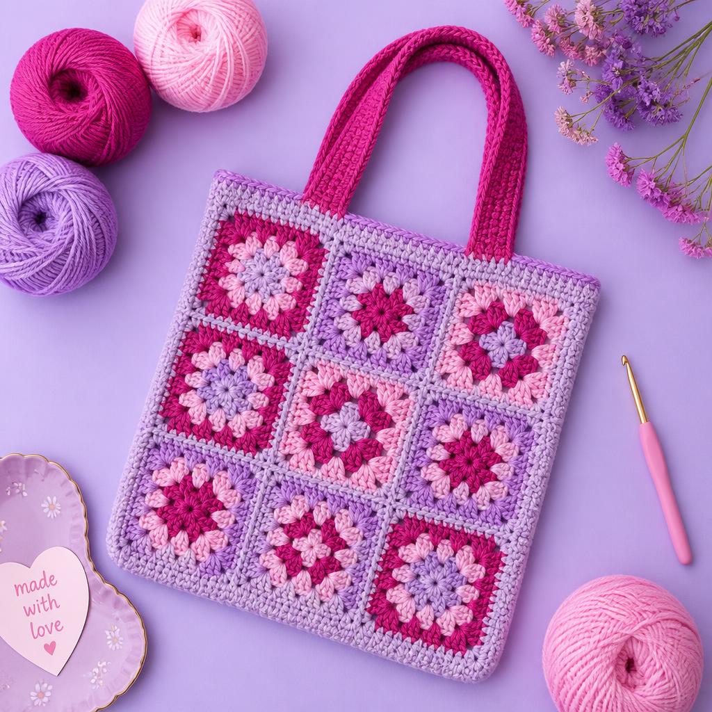 Szydełkowa torba z granny squares w odcieniach różu i lila
